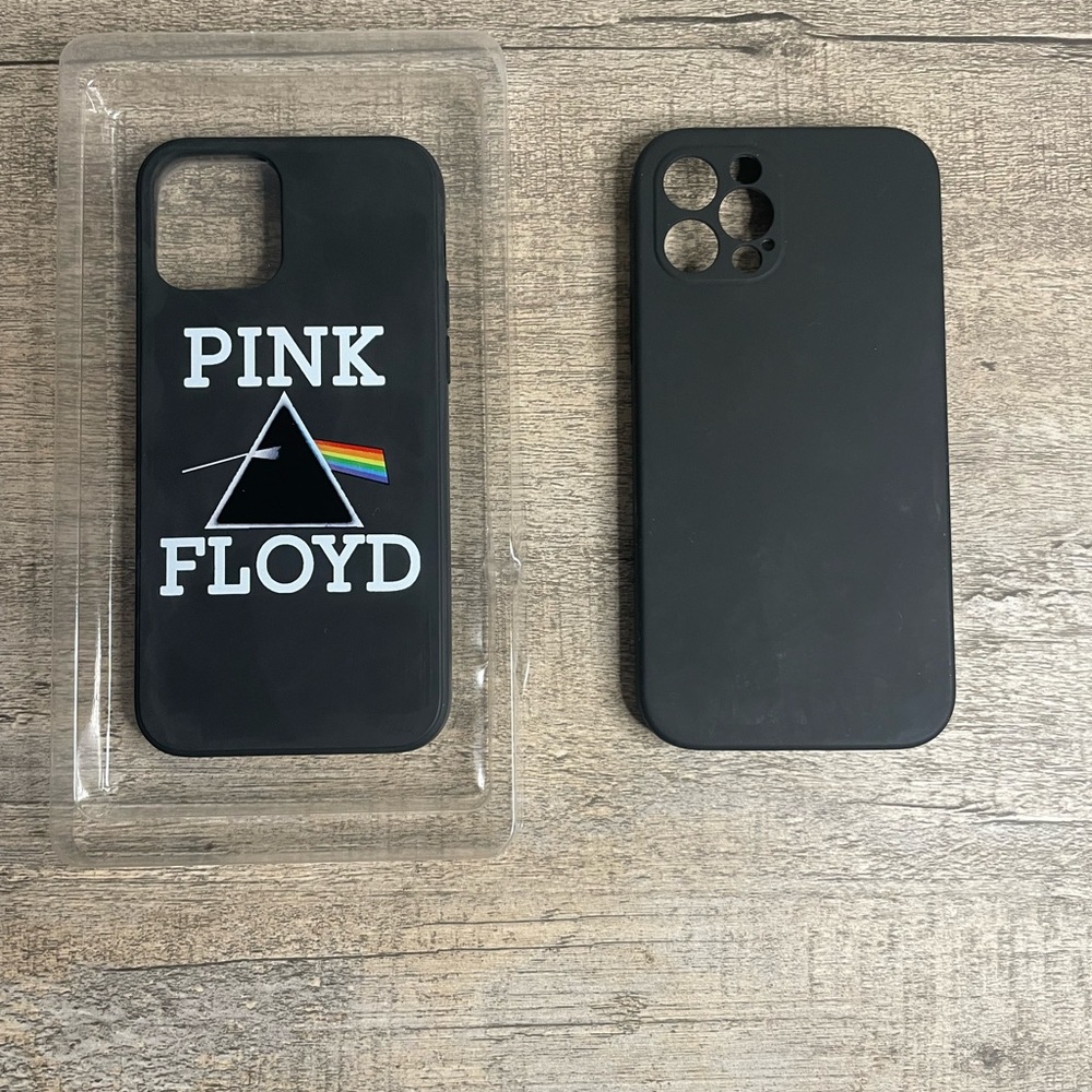 Two I-Phone 12 Pro cases Pink Floyd & Plain black I-Phone case.